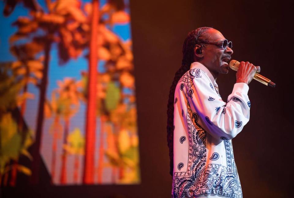 Rap icon Snoop Dogg performs “Nuthin’ but a ‘G’ Thang” from Dr. Dre’s “The Chronic” album at his High School Reunion Tour stop in Sacramento on Friday, Aug. 25, 2023, at Golden 1 Center. Also performing were Wiz Khalifa, Too $hort, Warren G, Berner and DJ Drama.
