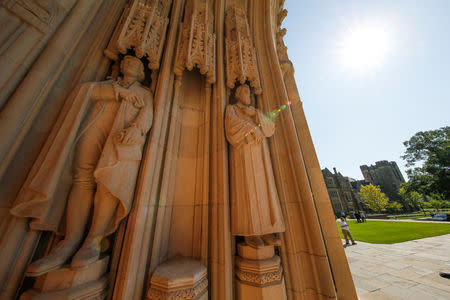 The empty plinth where a statue of Confederate commander General Robert E. Lee once stood is flanked by statues of Thomas Jefferson and the poet Sidney Lanier at the entrance to Duke University's Duke Chapel after officials removed the controversial statue early Saturday morning in Durham, North Carolina, U.S., August 19, 2017. REUTERS/Jason Miczek