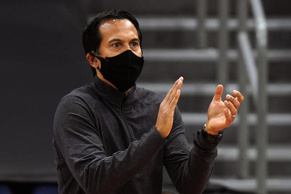 Miami Heat head coach Erik Spoelstra reacts during the first half of an NBA basketball game against the Toronto Raptors Wednesday, Jan. 20, 2021, in Tampa, Fla. (AP Photo/Chris O'Meara)