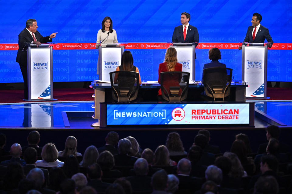 (From L) Former New Jersey Gov. Chris Christie, former UN ambassador Nikki Haley, Florida Gov. Ron DeSantis and entrepreneur Vivek Ramaswamy participate in fourth GOP presidential primary debate at the University of Alabama in Tuscaloosa, Alabama, on Dec. 6, 2023. / Credit: JIM WATSON/AFP via Getty Images