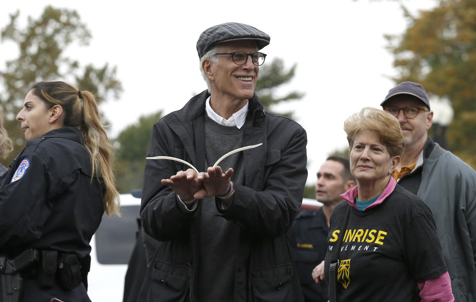 WASHINGTON, DC - OCTOBER 25: Actor Ted Danson is arrested during the "Fire Drill Friday" Climate Change Protest on October 25, 2019 in Washington, DC . Protesters demand Immediate Action for a Green New Deal. Clean renewable energy by 2030, and no new exploration or drilling for Fossil Fuels.  (Photo by John Lamparski/Getty Images)