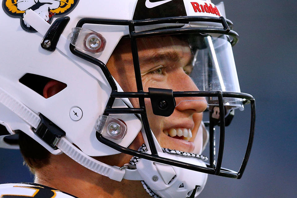 MEMPHIS, TENNESSEE - DECEMBER 31: Drew Lock #3 of the Missouri Tigers reacts during the AutoZone Liberty Bowl against the Oklahoma State Cowboys at the Liberty Bowl Memorial Stadium on December 31, 2018 in Memphis, Tennessee. (Photo by Jonathan Bachman/Getty Images)