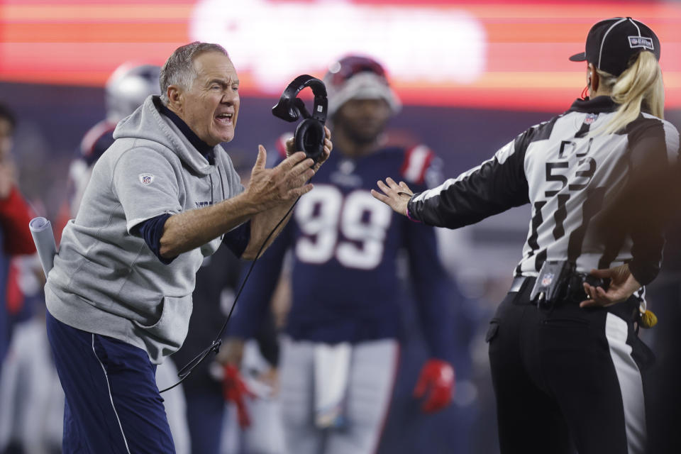 New England Patriots head coach Bill Belichick argues a call during the second half of an NFL football game against the Chicago Bears, Monday, Oct. 24, 2022, in Foxborough, Mass. (AP Photo/Michael Dwyer)
