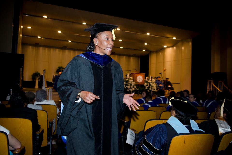 FSU alumnus Michele S. Jones, class of 2003, delivers her keynote address while walking through the audience at the 144th Founders Day Convocation held at Fayetteville State University in Fayetteville on Sunday, April 10, 2011. The retired Command Sergeant Major in the US Army, the country's first woman to hold that position, is now Special Assistant and Senior Advisor to the Under Secretary of Defense and Principal Deputy Under Secretary of Defense. 