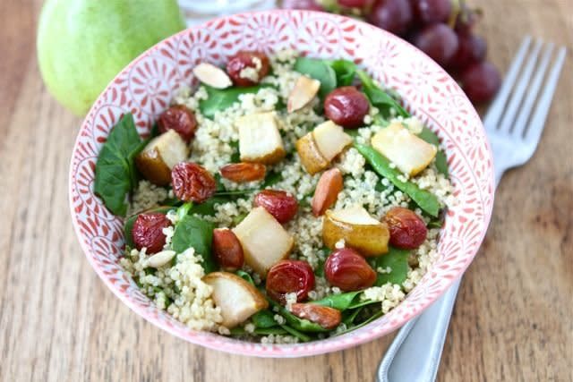 <strong>Get the <a href="http://www.twopeasandtheirpod.com/spinach-quinoa-salad-with-roasted-grapes-pears-almonds/" target="_blank">Spinach Quinoa Salad with Roasted Grapes, Pears, & Almonds Recipe </a>by Two Peas & Their Pod</strong>