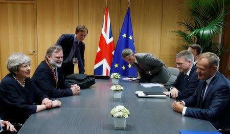 British Prime Minister Theresa May attends a meeting with European Council President Donald Tusk during a EU leaders summit in Brussels, Belgium June 22, 2017. REUTERS/Francois Lenoir