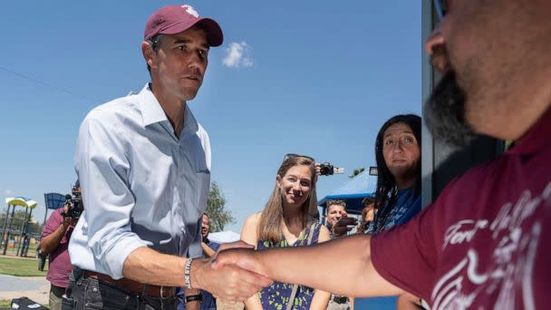 PHOTO: Texas gubernatorial candidate Beto O'Rourke and his wife Amy Hoover Sanders meet with some of the family members of the children who lost their lives at Robb Elementary school in Edinburg, Texas, Sept. 30, 2022. (Joel Martinez/The Monitor via AP)