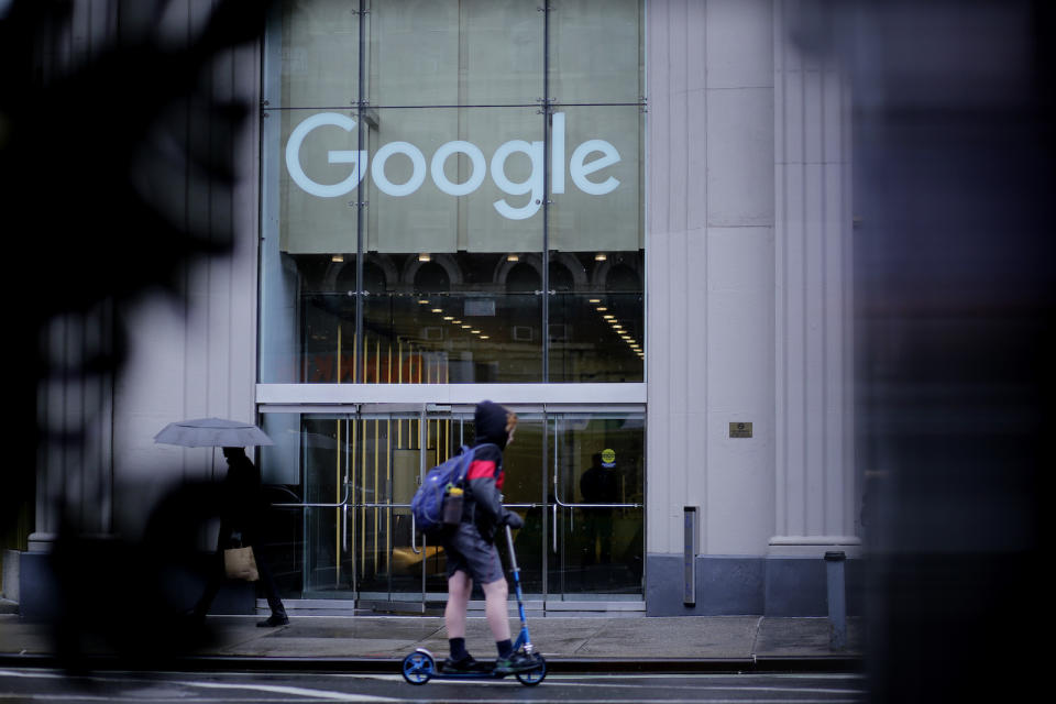 NEW YORK, NEW YORK - JANUARY 25: A woman skates near Google offices on January 25, 2023 in New York City. The U.S. Justice Department and a group of eight states sued Google accusing it of illegally abusing a monopoly over the technology that powers online advertising. (Photo by Leonardo Munoz/VIEWpress)