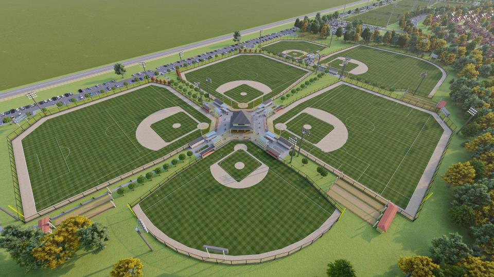 Conceptual layout of Jennings Sports Park, highlighting six versatile turf fields and a central pavilion, designed to serve as a dynamic hub for sports and community events in Delaware County