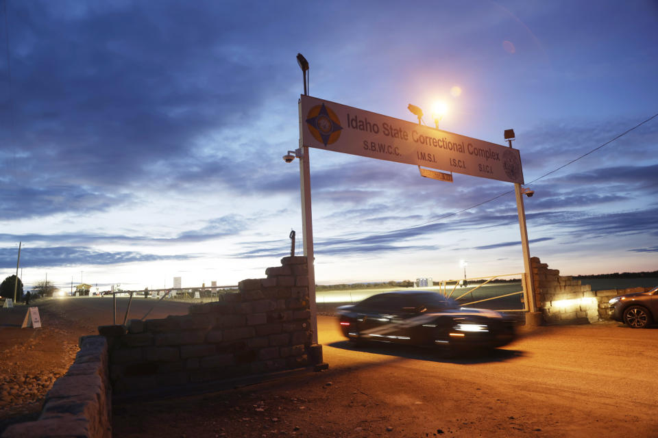 An Idaho State Police vehicle exits the entrance to the Idaho Maximum Security Institution near Kuna, Idaho on Wednesday, Feb. 28, 2024. Thomas Eugene Creech is set to be executed at prison south of Boise for the state's first execution in 12 years. (AP Photo/Kyle Green)