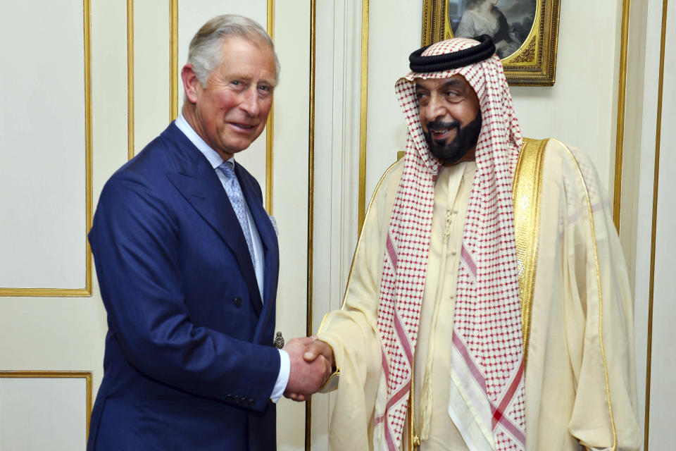 FILE - The Prince of Wales with the President of the United Arab Emirates, Sheikh Khalifa bin Zayed Al Nahyan during his visit to Clarence House in central London on the second day of his State Visit to the UK Wednesday May 1, 2013. Sheikh Khalifa died Friday, May 13, 2022, the government's state-run news agency announced in a brief statement. He was 73. (AP Photo/John Stillwell, Pool, File)