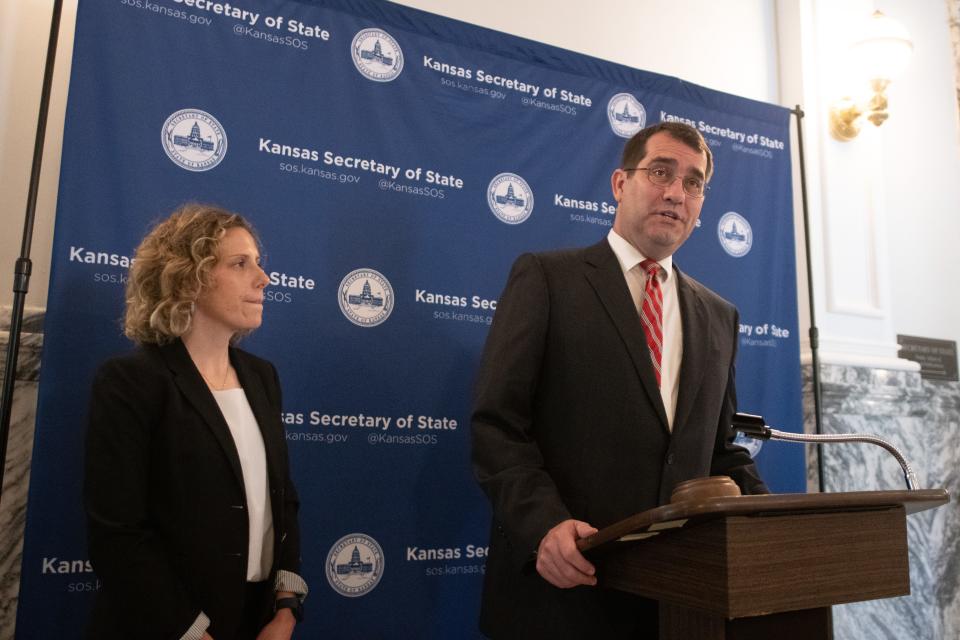 Kansas Attorney General Derek Schmidt has a press conference shortly after signing the filing paperwork to run for the Kansas governor seat with Katie Sawyer as his running partner.