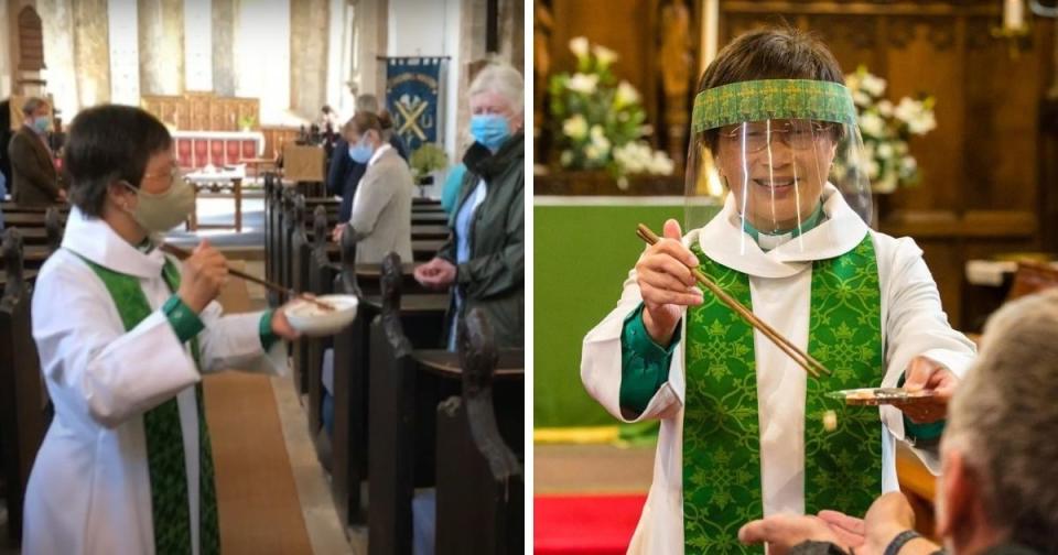 <p>Harrop was lauded for using chopsticks to give Communion to her parishioners. | Photos courtesy of @StMarysandStAndrewsGainfordandWinston/YouTube (left) and @Liskeardprayers/Facebook (right)</p>
