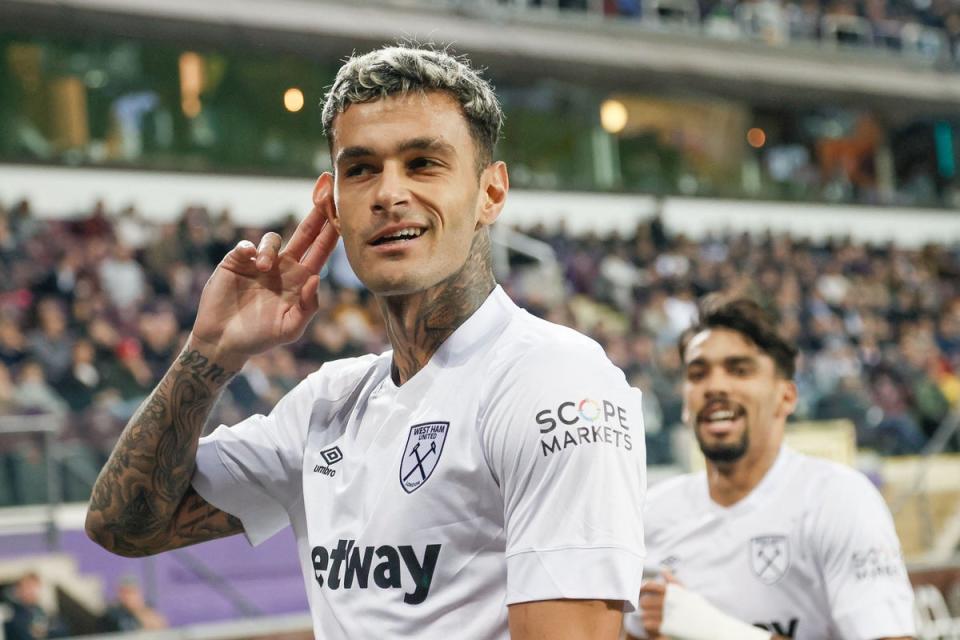 Gianluca Scamacca is back in West Ham’s starting lineup to face Fulham in the Premier League today  (BELGA/AFP via Getty Images)