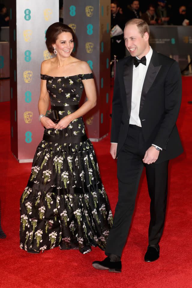 <p>The Duchess chose a £6000 bespoke Alexander McQueen gown for her first BAFTAs.<br><i>[Photo: Getty]</i> </p>