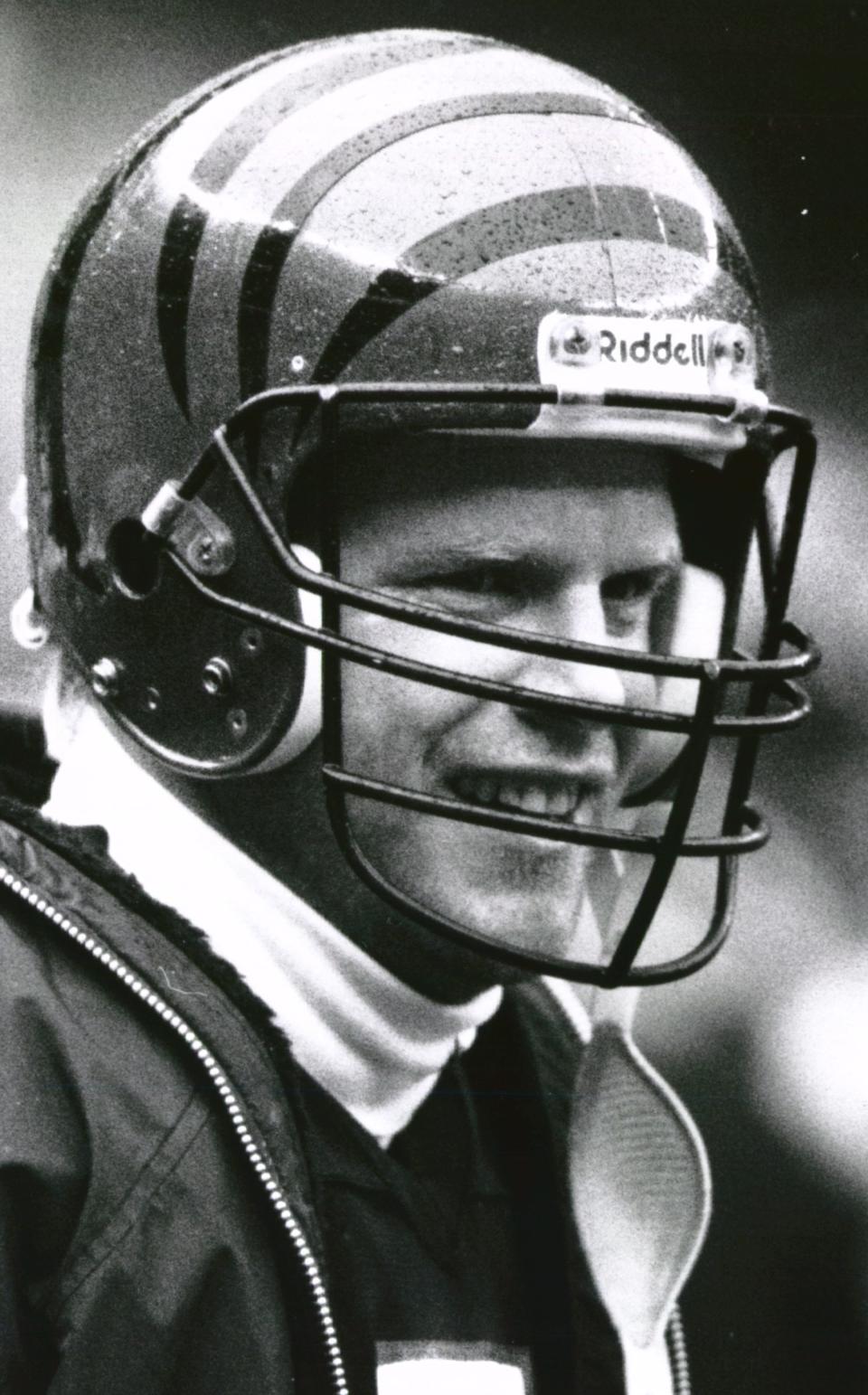JANUARY 6, 1991: A smiling Boomer Esiason in the third quarter after a win against the Oilers was secure.The Enquirer/Jim CallawayFROM A MONDAY JANUARY 7, 1991 ARTICLEPlay of the game -  Boomer Esiason's 10-yard rollout touchdown run was certainly not necessary, since it served only to expand the Bengals' margin to 34-0. Still, it was s sign of the Cincinnati recent groin pull and he threw the ball into the second deck of the stands without wincing.