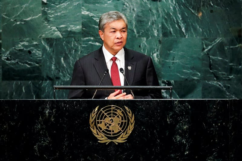 Datuk Seri Ahmad Zahid Hamidi addresses the United Nations General Assembly in the Manhattan borough of New York. Picture released September 25, 2016. — Reuters pic