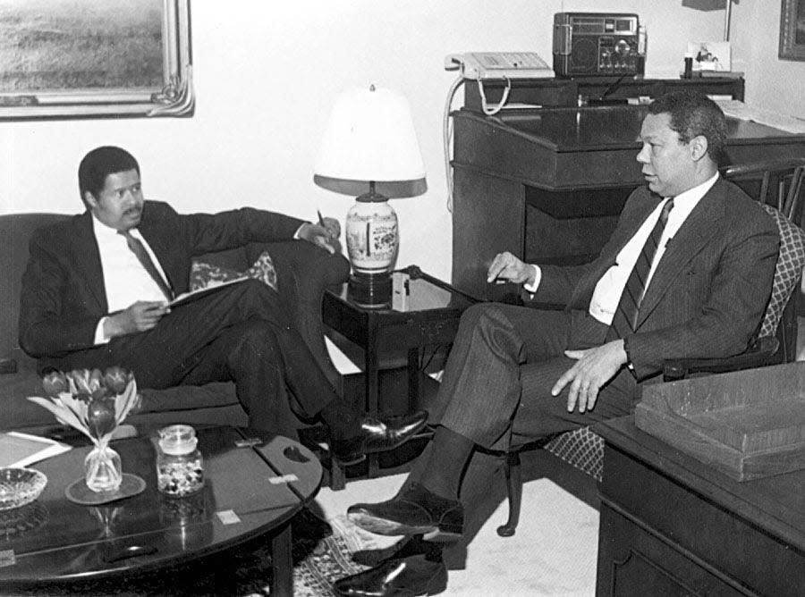 In this undated photo, James Blount, co-publisher of the magazine about...time, interviews Colin Powell. Blount, a long-time advocate of journalism about Black people and for Black people, died at age 80.
