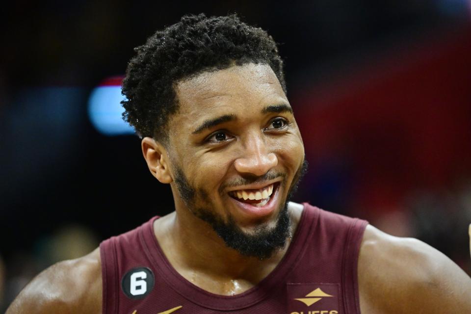 Jan 2, 2023; Cleveland, Ohio, USA; Cleveland Cavaliers guard Donovan Mitchell (45) talks to a television reporter after the game between the Cavaliers and the Chicago Bulls at Rocket Mortgage FieldHouse. Mitchell set the franchise record for points with 71. Mandatory Credit: Ken Blaze-USA TODAY Sports