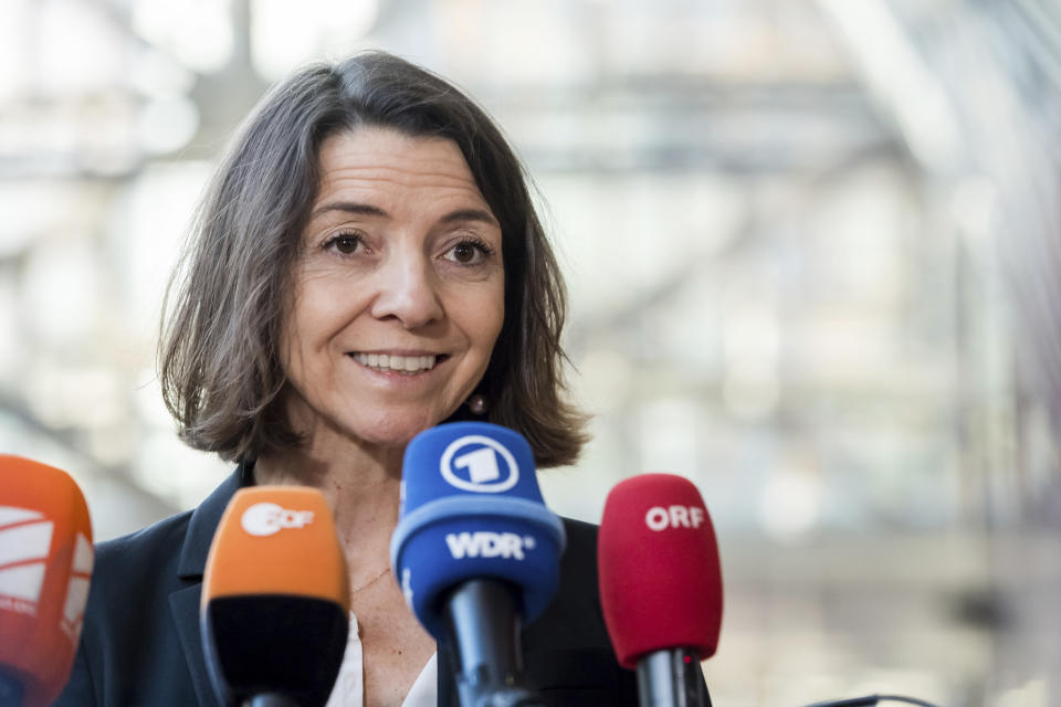 France's state secretary for European affairs Laurence Boone speaks with journalists as she arrives for a meeting of EU foreign ministers at the EU Council building in Brussels, Monday, Nov. 14, 2022. EU foreign ministers will hold exchanges of views on the Russian aggression against Ukraine, the Great Lakes region and Western Balkans. (AP Photo/Geert Vanden Wijngaert)