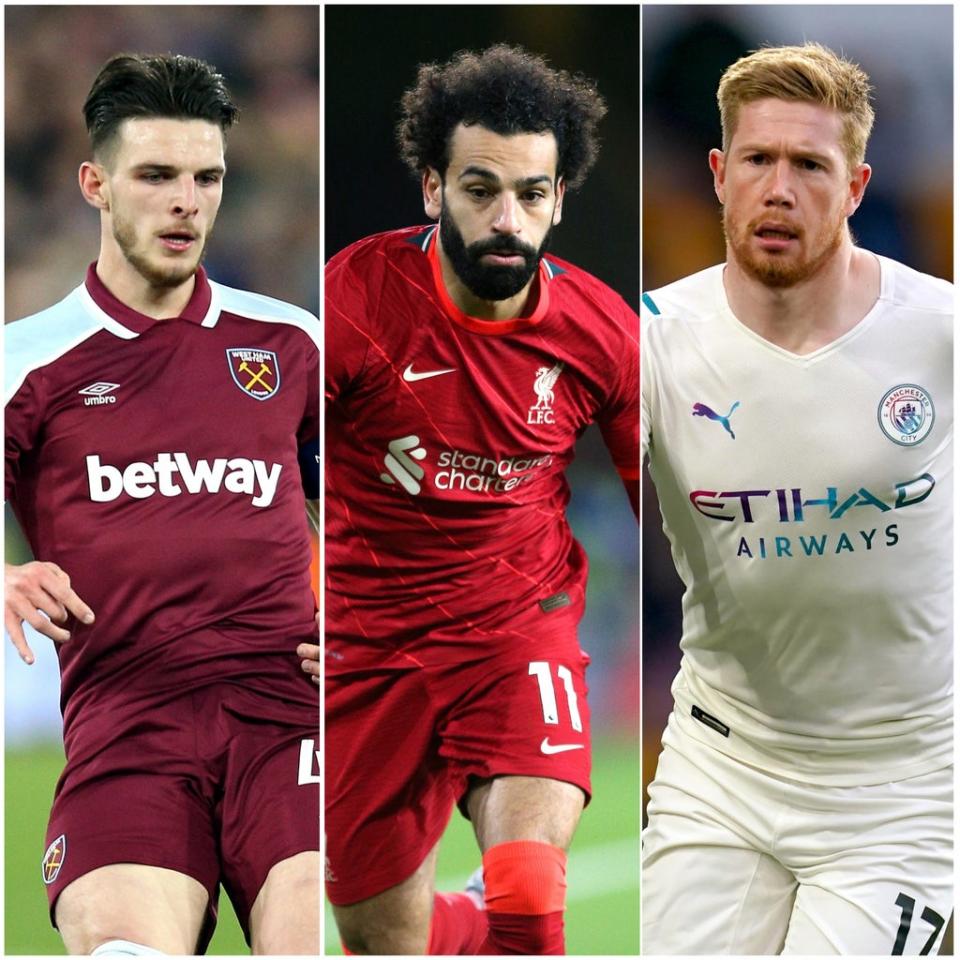 Declan Rice, Mohamed Salah and Kevin De Bruyne (Nigel French/Nick Potts/PA)