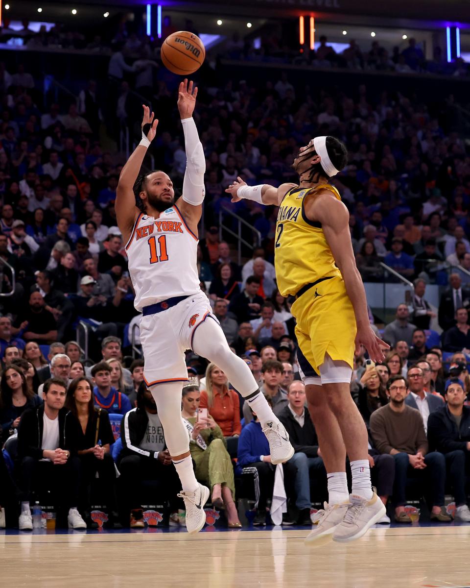 May 6, 2024; New York, New York, USA; Knicks guard Jalen Brunson (11) takes a shot against Indiana Pacers guard Andrew Nembhard (2) during the first quarter of Game 1 of the second round of the 2024 NBA playoffs at Madison Square Garden.