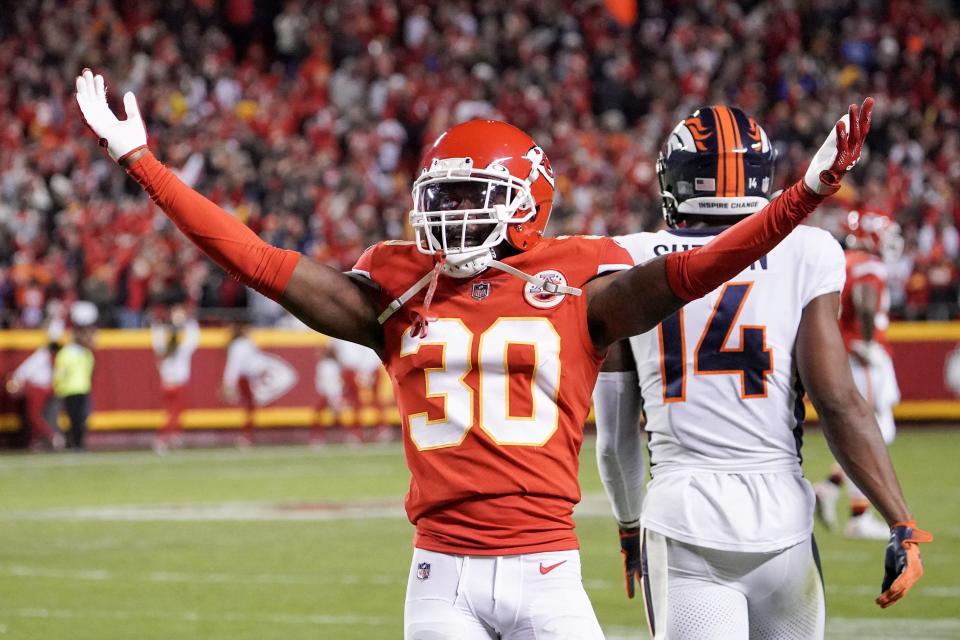 Chiefs cornerback Deandre Baker celebrates after a play against the Broncos on Sunday night.