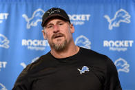 Detroit Lions head coach Dan Campbell talks to reporters following an NFL football NFC divisional playoff game against the Tampa Bay Buccaneers, Sunday, Jan. 21, 2024, in Detroit. The Lions won 31-23. (AP Photo/Jose Juarez)