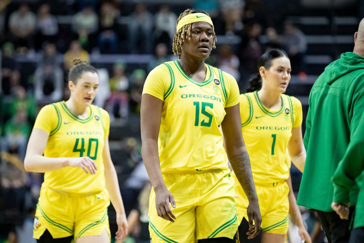 Oregon center Phillipina Kyei walks back to a timeout as the Oregon Ducks host the No. 4 Stanford Cardinal Saturday, March 2, 2024, at Matthew Knight Arena in Eugene, Ore.