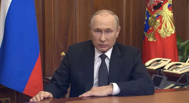 PHOTO: Russian President Vladimir Putin makes an address on the conflict with Ukraine, in Moscow in this still image taken from video released Sept. 21, 2022. (Sputnik via Reuters)