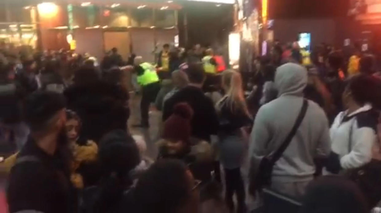 Undated handout videograb showing police officers inside the Star City cinema in Birmingham after a large brawl broke out resulting in a number of police officers being assaulted. PA Photo. Issue date: Saturday November 23, 2019. See PA story POLICE StarCity. Photo credit should read: Rachel Allison/PA Wire  NOTE TO EDITORS: This handout photo may only be used in for editorial reporting purposes for the contemporaneous illustration of events, things or the people in the image or facts mentioned in the caption. Reuse of the picture may require further permission from the copyright holder.  