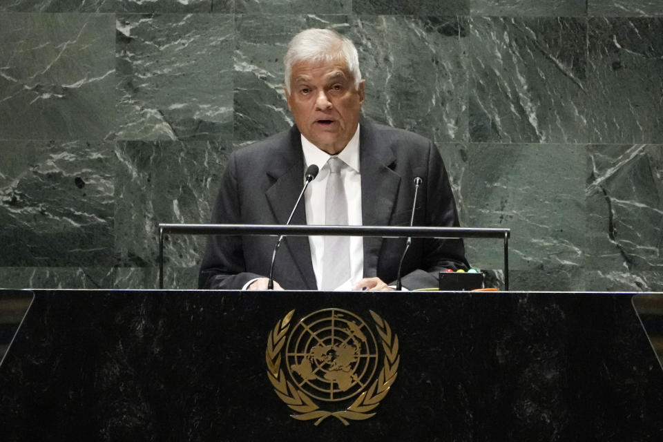 FILE - Sri Lanka's President Ranil Wickremesinghe addresses the 78th session of the United Nations General Assembly and Sept. 21, 2023. Sri Lanka’s parliament on Wednesday, Jan. 25, 2024, overwhelmingly approved an internet regulation bill offered by Wickremesinghe's government that was highly criticized as a move to stifle speech in an election year while the nation copes with an economic crisis. (AP Photo/Richard Drew, File)