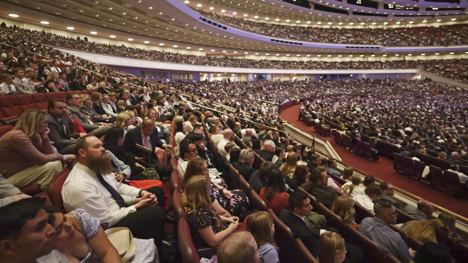 Congregants gather for the twice-annual conference of the Church of Jesus Christ of Latter-day Saints, Saturday, April 6, 2024, in Salt Lake City. (AP Photo/Rick Bowmer)