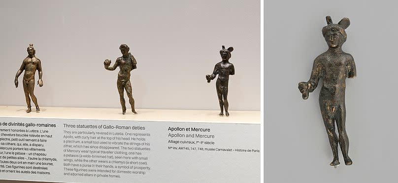 Figurines of deities Apollo and Mercury on display in the exhibition "Dans La Seine". On the right, a close-up of the figurine of Mercury.