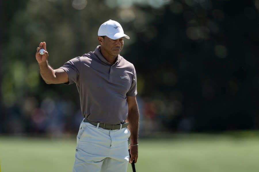 Masters champion Tiger Woods of the United States reacts after finishing on the No. 18 green during the second round of the 2024 Masters Tournament at Augusta National Golf Club, Friday, April 12, 2024. (Photo courtesy: Augusta National Golf Club)