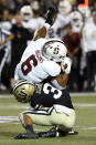 Vanderbilt safety Dashaun Jerkins (3) brings down Stanford wide receiver Elijah Higgins (6) in the first half of an NCAA college football game Saturday, Sept. 18, 2021, in Nashville, Tenn. (AP Photo/Mark Zaleski)