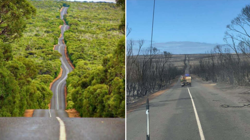 Kangaroo Island in 2017 and (right) after bushfires ravaged the tourist island. Source: Reddit/kernpanic and Instragram/ajcx89 