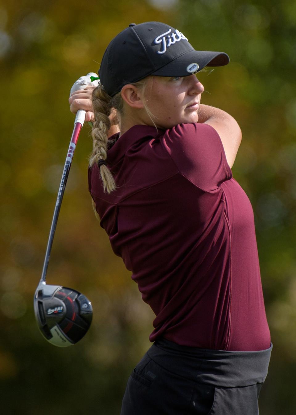 IVC's Morgan Grant tees off on No. 6 during the Class 1A Girls Golf Regional on Thursday, Sept. 28, 2023 at Kellogg Golf Course in Peoria.