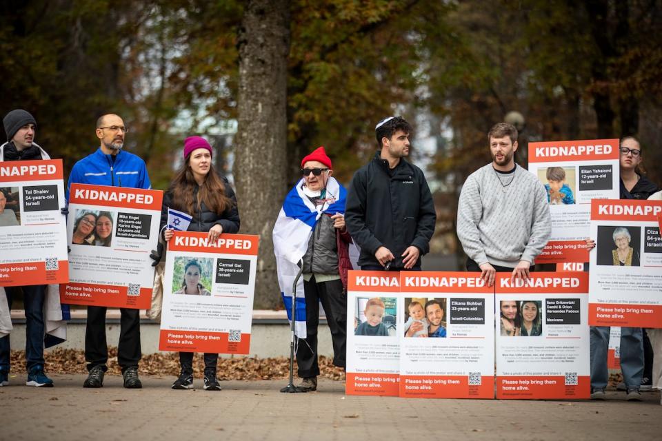 Members from the university Jewish community are pictured gathered during a pro-Israeli rally organized by Hillel B.C. at the University of British Columbia on Wednesday, Nov. 1, 2023. 