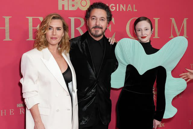 <p>John Nacion/Variety via Getty</p> Kate Winslet, Guillaume Gallienne and Andrea Riseborough on the "The Regime" red carpet