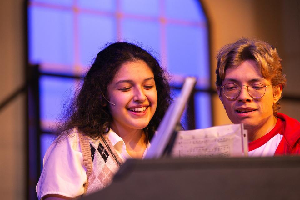 Rachael Salinas and Ricky Martinez perform "What I've Been Looking For (Reprise)" during a dress rehearsal of "High School Musical" at Harbor Playhouse Wednesday, July 19, 2023. Salinas plays Gabriella Montez and Martinez plays Troy Bolton.