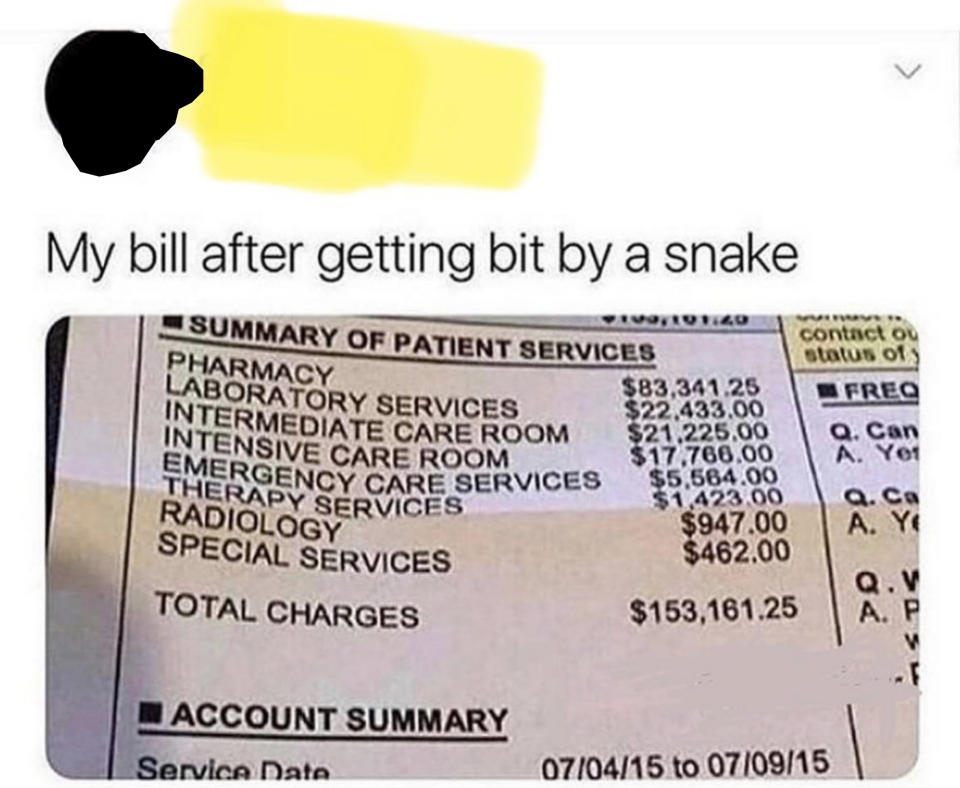 Tweet: "My bill after getting bit by a snake" with a bill for $153,161