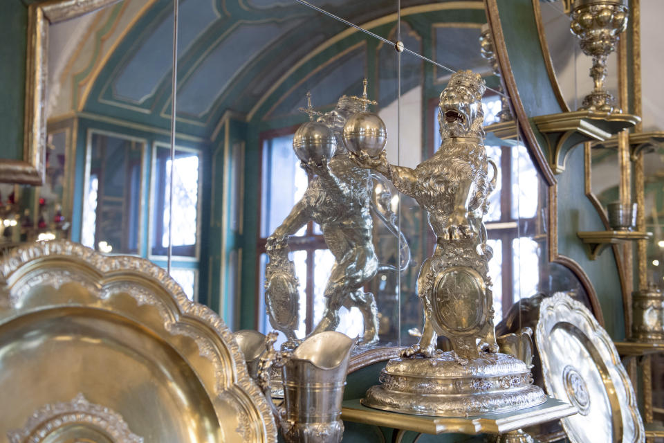 This Tuesday April 9, 2019 photo, shows parts of the collection at Silver Gilt Room, Silbervergoldete Zimmer, inside Dresden's Green Vault in Dresden. Authorities in Germany say thieves have carried out a brazen heist at Dresden’s Green Vault, one of the world’s oldest museum containing priceless treasures from around the world. (Sebastian Kahnert/dpa via AP)
