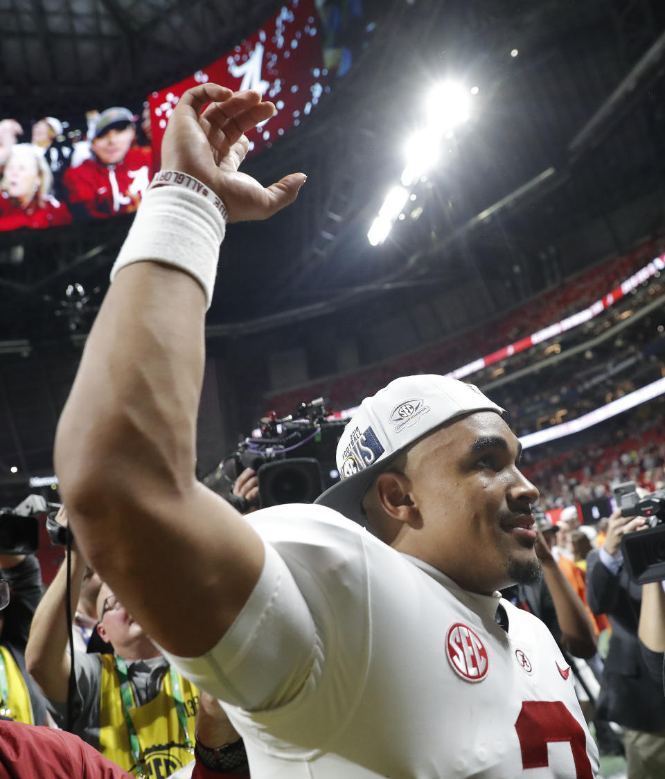Alabama quarterback Jalen Hurts leaves the filed after the Southeastern Conference championship NCAA college football game against Georgia, Saturday, Dec. 1, 2018, in Atlanta. Alabama won 35-28. (AP Photo/John Bazemore)