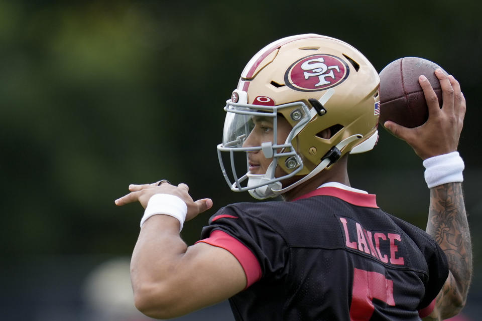 San Francisco 49ers quarterback Trey Lance throws during an NFL football practice, Wednesday, June 7, 2023, in Santa Clara, Calif. (AP Photo/Godofredo A. Vásquez)