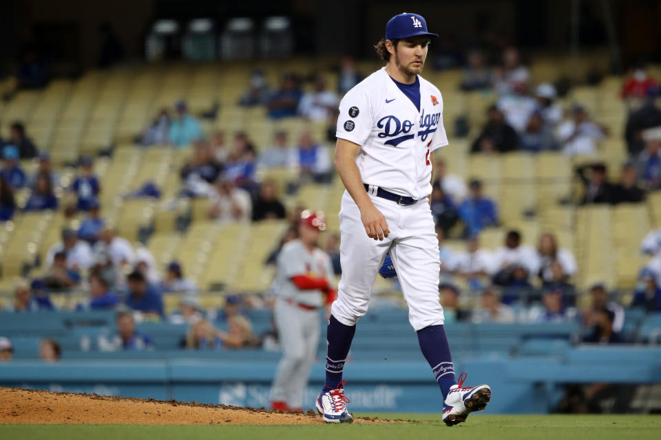 LOS ANGELES, CALIFORNIA - MAY 31: Trevor Bauer #27 of the Los Angeles Dodgers walks to the dugout during the sixth inning against the St. Louis Cardinals at Dodger Stadium on May 31, 2021 in Los Angeles, California. (Photo by Katelyn Mulcahy/Getty Images)