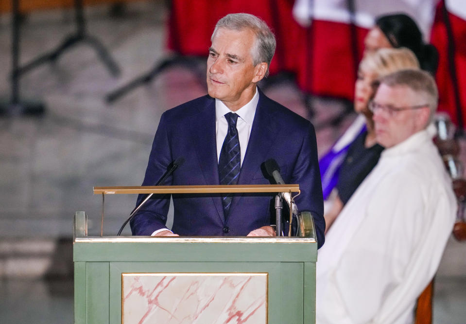 Norway's Prime Minister Jonas Gahr Store speaks during a service in Oslo Cathedral, Oslo, Sunday June 26, 2022, after an attack in Oslo on Saturday. A gunman opened fire in Oslo’s nightlife district early Saturday, killing two people and leaving more than 20 wounded in what the Norwegian security service called an "Islamist terror act" during the capital’s annual LGBTQ Pride festival. (Javad Parsa/NTB via AP)