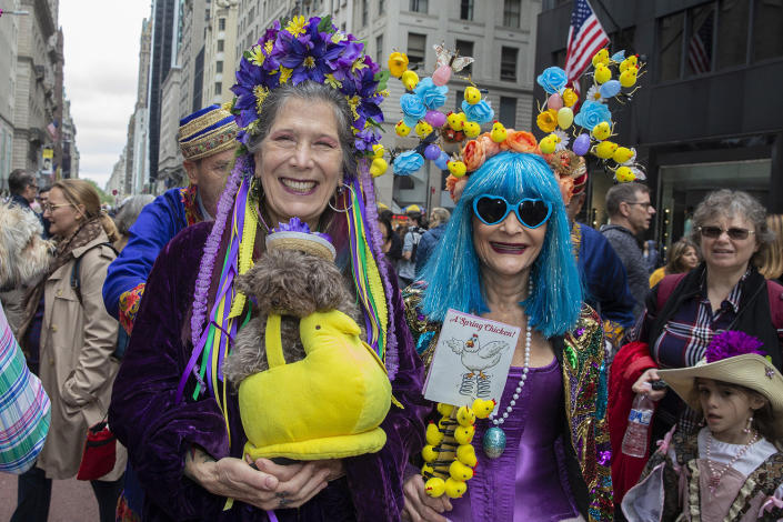 A costumed participant marches during the Easter Parade and Bonnet Festival, Sunday, April 21, 2019, in New York. (Photo: Gordon Donovan/Yahoo News) 