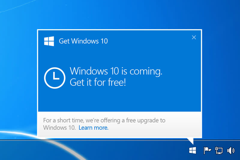 Don't worry, your system isn't infected by malware. That's just Microsoft informing you that your system is eligible for a free Windows 10 upgrade. At worst, it's advertising. (Image source: Microsoft.)