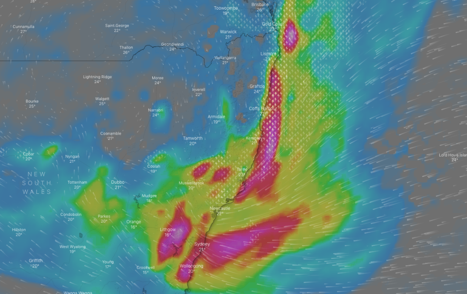 A weather map from Windy.com showing the distribution of rainfall on Sunday.